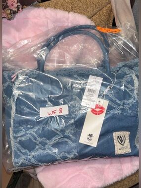 Wildfox Denim Blue Frayed Overlay Trim Tote/ Crossbody